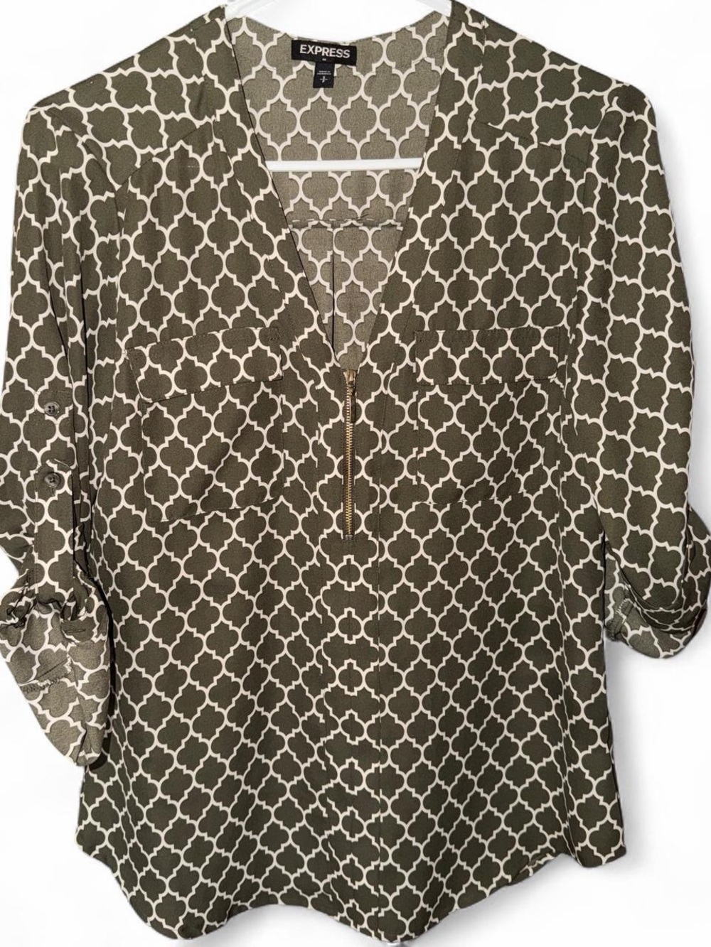 Express Olive & White Geometric Blouse